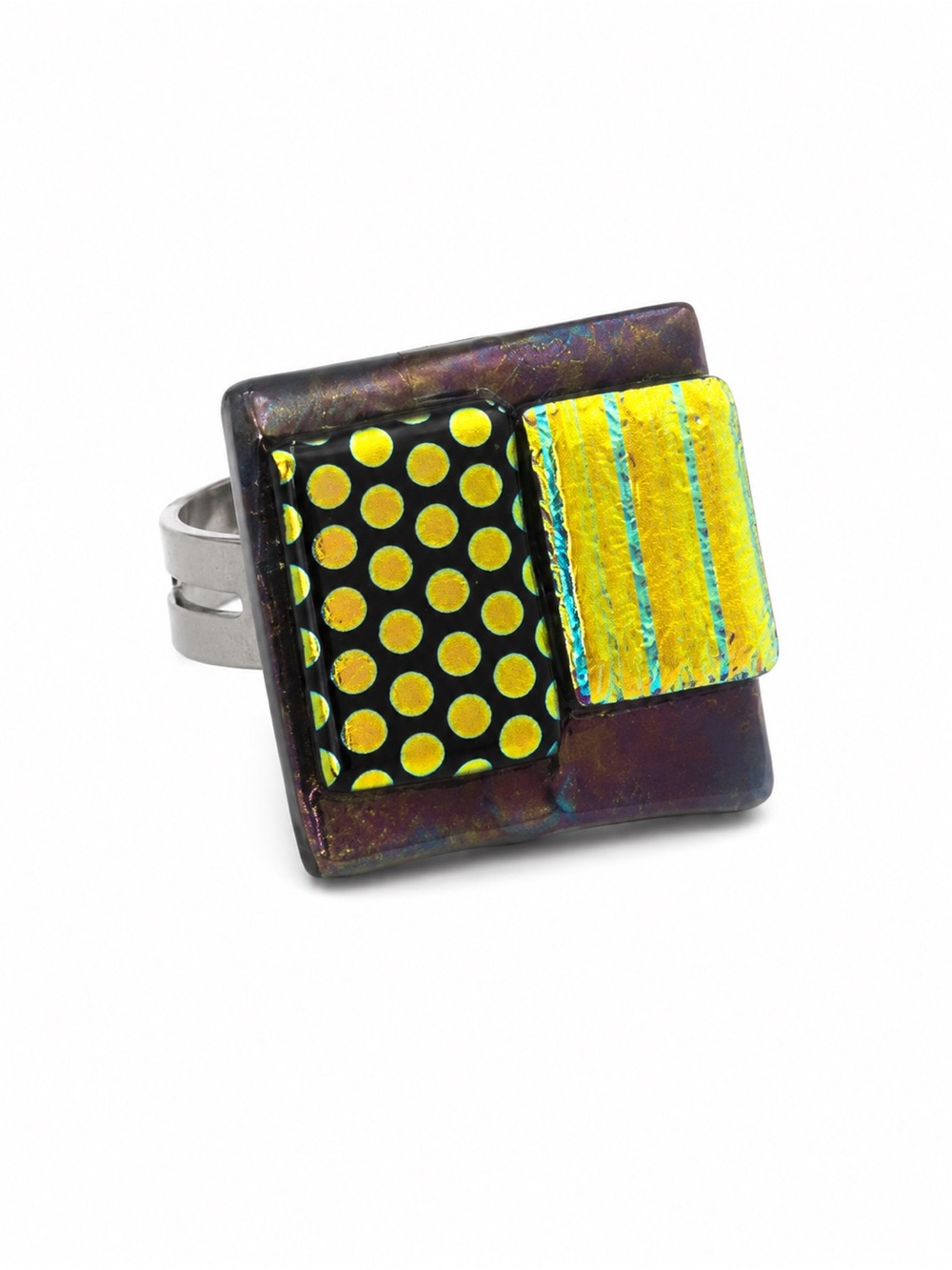 Handmade Fused Glass Geometric Statement Ring Adjustable Dichroic Art Glass
